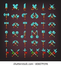 Flat icons game set of melee weapons