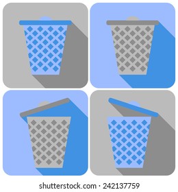 Flat Icons with Garbage Can. Closed and Open Trashcan in Two Colors. Vector Illustration with Long Shadows.