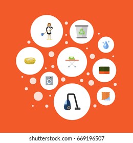 Flat Icons Garbage Container, Aqua, Sweeper And Other Vector Elements. Set Of Cleaning Flat Icons Symbols Also Includes Clean, Sponge, Water Objects.