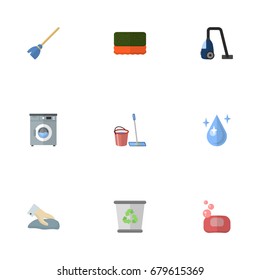 Flat Icons Garbage Container, Foam, Mopping And Other Vector Elements. Set Of Hygiene Flat Icons Symbols Also Includes Hygiene, Bast, Foam Objects.