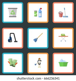 Flat Icons Garbage Container, Housekeeping, Means For Cleaning And Other Vector Elements. Set Of Hygiene Flat Icons Symbols Also Includes Whisk, Ironing, Bucket Objects.