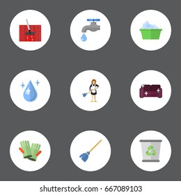 Flat Icons Garbage Container, Laundry, Aqua And Other Vector Elements. Set Of Hygiene Flat Icons Symbols Also Includes Cleaning, Washcloth, Housemaid Objects.