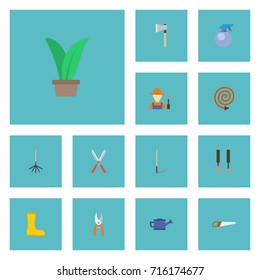 Flat Icons Garden Hose, Tools, Grower And Other Vector Elements. Set Of Agriculture Flat Icons Symbols Also Includes Watering, Ax, Plant Objects.