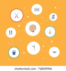 Flat Icons Garden Hose, Wheelbarrow, Pruner And Other Vector Elements. Set Of Horticulture Flat Icons Symbols Also Includes Scissors, Spray, Instruments Objects.