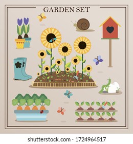 Flat icons with gardening concept. A set of flat images of garden items. Flowers, seedlings, shovel, garden gnome, rainbow in a retro selection. Vector illustration.