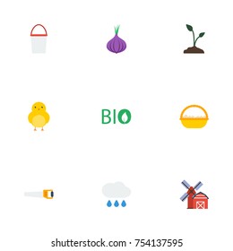 Flat Icons Garlic, Container, Poultry And Other Vector Elements