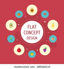 Flat Icons Garnet, Maize, Alligator Pear And Other Vector Elements. Set Of Berry Flat Icons Symbols Also Includes Peach, Gourd, Avocado Objects.