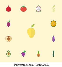 Flat Icons Garnet, Mango, Love Apple And Other Vector Elements. Set Of Dessert Flat Icons Symbols Also Includes Cluster, Melon, Cucumber Objects.