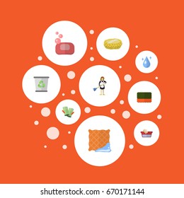 Flat Icons Gauntlet, Clothes Washing, Sponge And Other Vector Elements. Set Of Hygiene Flat Icons Symbols Also Includes Bast, Woman, Water Objects.