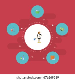 Flat Icons Gauntlet, Housewife, Washcloth And Other Vector Elements. Set Of Cleaning Flat Icons Symbols Also Includes Laundry, Gauntlet, Clean Objects.