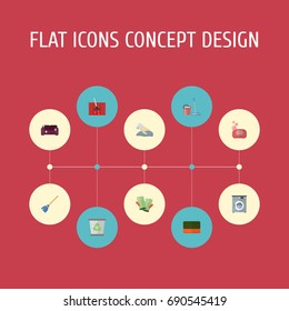Flat Icons Gauntlet, Laundromat, Foam And Other Vector Elements. Set Of Cleaning Flat Icons Symbols Also Includes Bin, Foam, Gloves Objects.