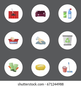 Flat Icons Gauntlet, Mopping, Sponge And Other Vector Elements. Set Of Cleaning Flat Icons Symbols Also Includes Cleaning, Furniture, Gloves Objects.