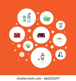 Flat Icons Gauntlet, Sofa, Housekeeping And Other Vector Elements. Set Of Cleaning Flat Icons Symbols Also Includes Means, Cleaning, Housemaid Objects.
