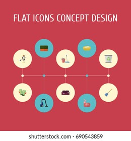 Flat Icons Gauntlet, Sponge, Sofa And Other Vector Elements. Set Of Cleaning Flat Icons Symbols Also Includes Gauntlet, Whisk, Vacuum Objects.