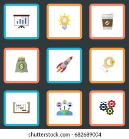 Flat Icons Gear, Administration, Schedule And Other Vector Elements. Set Of Startup Flat Icons Symbols Also Includes Coin, Manager, Process Objects.