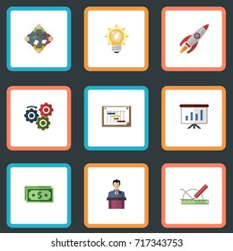 Flat Icons Gear, Bulb, Schedule And Other Vector Elements. Set Of Projects Flat Icons Symbols Also Includes Show, Development, Money Objects.