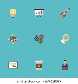 Flat Icons Gear, Discussion, Schedule And Other Vector Elements. Set Of Projects Flat Icons Symbols Also Includes Drink, Scheme, Bulb Objects.