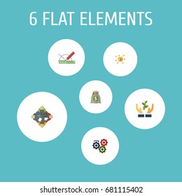 Flat Icons Gear, Financing, Discussion And Other Vector Elements. Set Of Projects Flat Icons Symbols Also Includes Plant, Hand, Profit Objects.