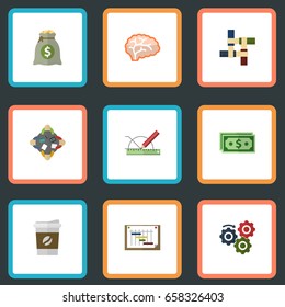 Flat Icons Gear, Mind, Income And Other Vector Elements. Set Of Startup Flat Icons Symbols Also Includes Consideration, Drink, Teamwork Objects.