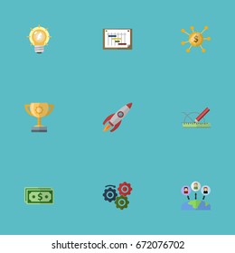 Flat Icons Gear, Schedule, Design And Other Vector Elements. Set Of Projects Flat Icons Symbols Also Includes Workflow, Run, Design Objects.