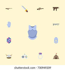 Flat Icons Gem, Gun, Bulletproof And Other Vector Elements. Set Of Gaming Flat Icons Symbols Also Includes Joystick, Magic, Firearm Objects.