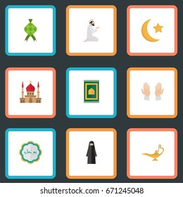 Flat Icons Genie, Praying Man, Minaret And Other Vector Elements. Set Of Ramadan Flat Icons Symbols Also Includes Oil, Muslim, Ketupat Objects.