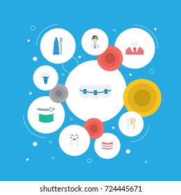 Flat Icons Gingivitis, Dentition, Implantation And Other Vector Elements. Set Of Enamel Flat Icons Symbols Also Includes Toothpaste, Parodontosis, Healthy Objects.