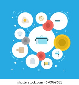 Flat Icons Glass Container, Chef Hat, Electric Stove And Other Vector Elements. Set Of Cooking Flat Icons Symbols Also Includes Board, Breadboard, Fried Objects.