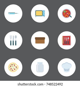 Flat Icons Glass Container, Chef Hat, Silverware And Other Vector Elements. Set Of Gastronomy Flat Icons Symbols Also Includes Container, Pizzeria, Skillet Objects.