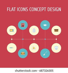 Flat Icons Glass Container, Cooking Notebook, Teapot And Other Vector Elements. Set Of Cooking Flat Icons Symbols Also Includes Ladle, Kitchen, Fast Objects.
