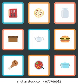 Flat Icons Glass Container, Fried Poultry, Broth And Other Vector Elements. Set Of Gastronomy Flat Icons Symbols Also Includes Fried, Soup, Pizzeria Objects.