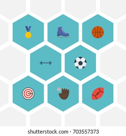 Flat Icons Glove, Arrow, Ball And Other Vector Elements. Set Of Sport Flat Icons Symbols Also Includes Skates, Kettlebells, Game Objects.