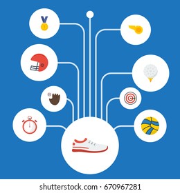 Flat Icons Glove, Reward, Blower And Other Vector Elements. Set Of Activity Flat Icons Symbols Also Includes Blower, Shoes, Sneakers Objects.