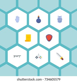 Flat Icons Gloves, Bulletproof, Flask And Other Vector Elements. Set Of  Flat Icons Symbols Also Includes Handgun, Magical, Shield Objects.