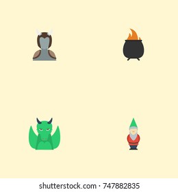 Flat Icons Gnome, Hell, Dinosaur And Other Vector Elements. Set Of Character Flat Icons Symbols Also Includes Inferno, Dinosaur, Orc Objects.