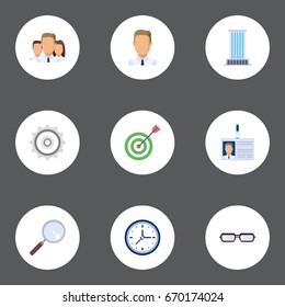 Flat Icons Goal, Spectacles, Cogwheel And Other Vector Elements. Set Of Business Flat Icons Symbols Also Includes Office, Card, Watch Objects.