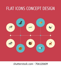 Flat Icons Gobbler, Rooster, Hound And Other Vector Elements. Set Of Zoo Flat Icons Symbols Also Includes Nut, Wildcat, Dog Objects.