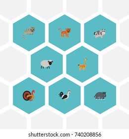 Flat Icons Gobbler, Rooster, Mutton And Other Vector Elements. 