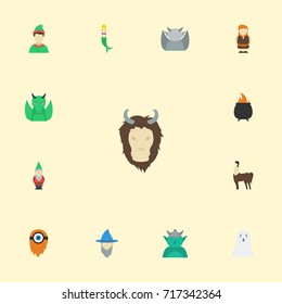 Flat Icons Goblin, Fish Girl, Dinosaur And Other Vector Elements. Set Of Cartoon Flat Icons Symbols Also Includes Mythology, Monster, Cyclop Objects.