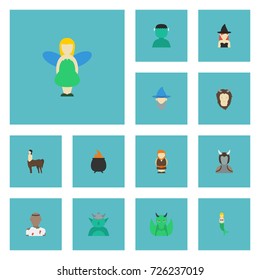 Flat Icons Goblin, Wizard, Mythology And Other Vector Elements. Set Of Cartoon Flat Icons Symbols Also Includes Zombie, Fairy, Lion Objects.