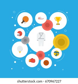 Flat Icons Golf, Basket, Table Tennis And Other Vector Elements. Set Of Sport Flat Icons Symbols Also Includes Sneakers, Cup, Glove Objects.