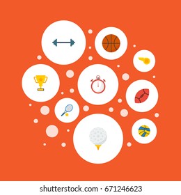 Flat Icons Golf, Volleyball, Second Meter And Other Vector Elements. Set Of Fitness Flat Icons Symbols Also Includes Glove, Rugby, Weights Objects.
