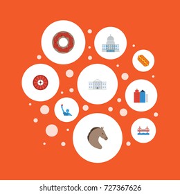 Flat Icons Government, Metropolis, Horse And Other Vector Elements. Set Of Usa Flat Icons Symbols Also Includes Glazed, York, House Objects.