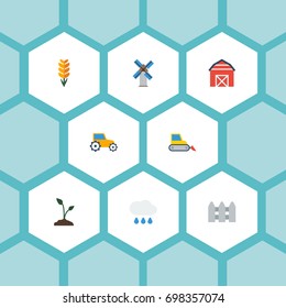 Flat Icons Grain, Cloud, Farm Vehicle And Other Vector Elements. Set Of Agriculture Flat Icons Symbols Also Includes Farm, Barn, Rainy Objects.