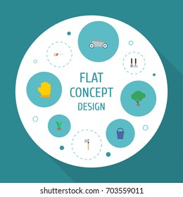 Flat Icons Green Wood, Lawn Mower, Hacksaw And Other Vector Elements. Set Of Agriculture Flat Icons Symbols Also Includes Hatchet, Grass, Bucketful Objects.