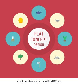 Flat Icons Green Wood, Plant, Latex And Other Vector Elements. Set Of Agriculture Flat Icons Symbols Also Includes Axe, Wheelbarrow, Cutter Objects.