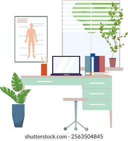 Flat icons of a green workplace featuring people working from home or in an office, surrounded by eco-friendly environments with plants. Vector illustration