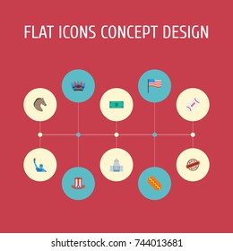 Flat Icons Greenback, Freedom Monument, Government And Other Vector Elements. Set Of America Flat Icons Symbols Also Includes American, Football, Horse Objects.