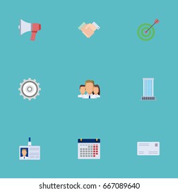 Flat Icons Group, Calendar, Id Card And Other Vector Elements. Set Of Trade Flat Icons Symbols Also Includes Calendar, Card, Cogwheel Objects.