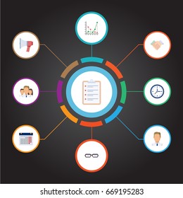 Flat Icons Group, Clock, Handshake Vector Elements. Set Of Job Flat Icons Symbols Also Includes Loudspeaker, Announcement, Day Objects.
